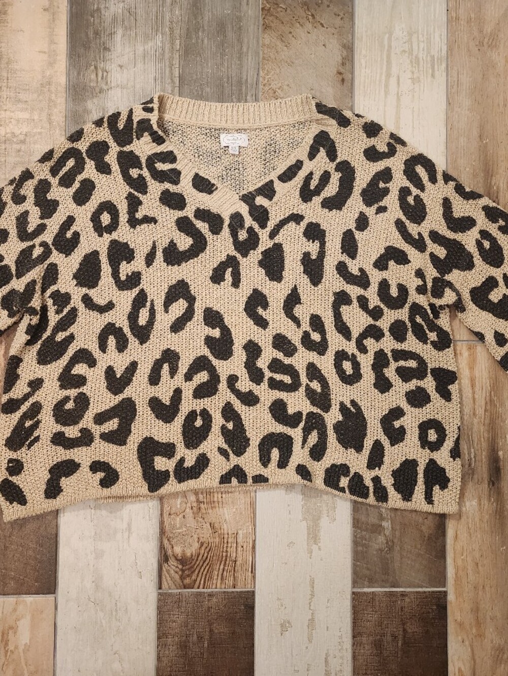 Mud Pie Tan and Black Scarlett Leopard Print V-Neck Sweater